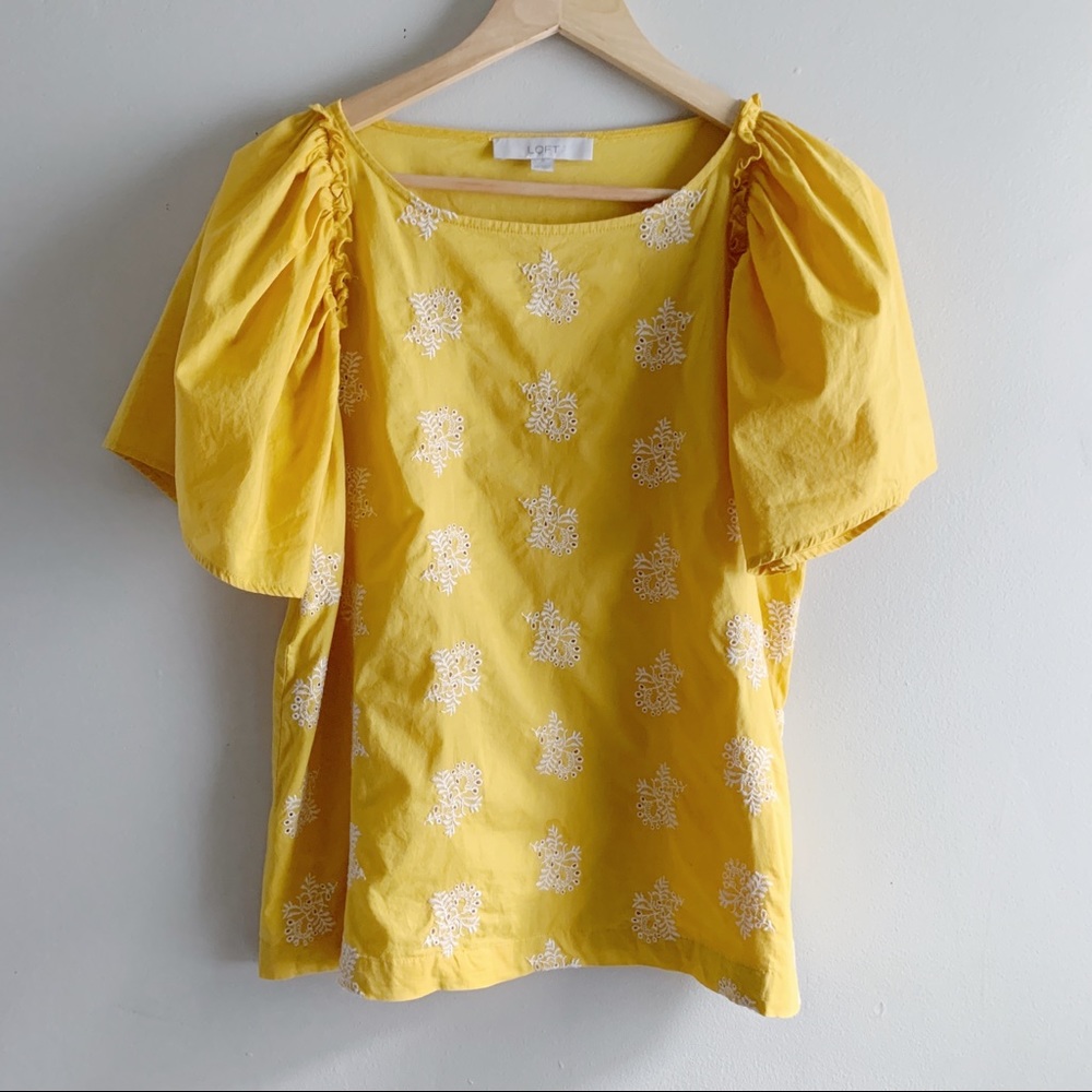 LOFT • Embroidered Puff Sleeves Blouse, Yellow, XS